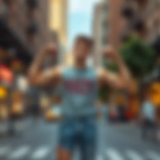 A young man stands confidently on a city street, displaying his newfound strength after overcoming challenges in street fights.
