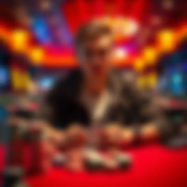 A young man in casual clothes looks shocked while playing cards at a casino table, surrounded by chips and a lively atmosphere.