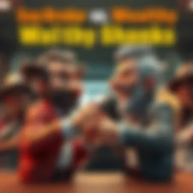 A humorous scene with two characters representing broke and wealthy shanks, playfully arguing over financial differences, with people laughing in the background.