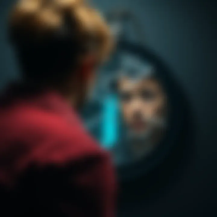 A worried person looks into a broken mirror, symbolizing shattered trust and deception.