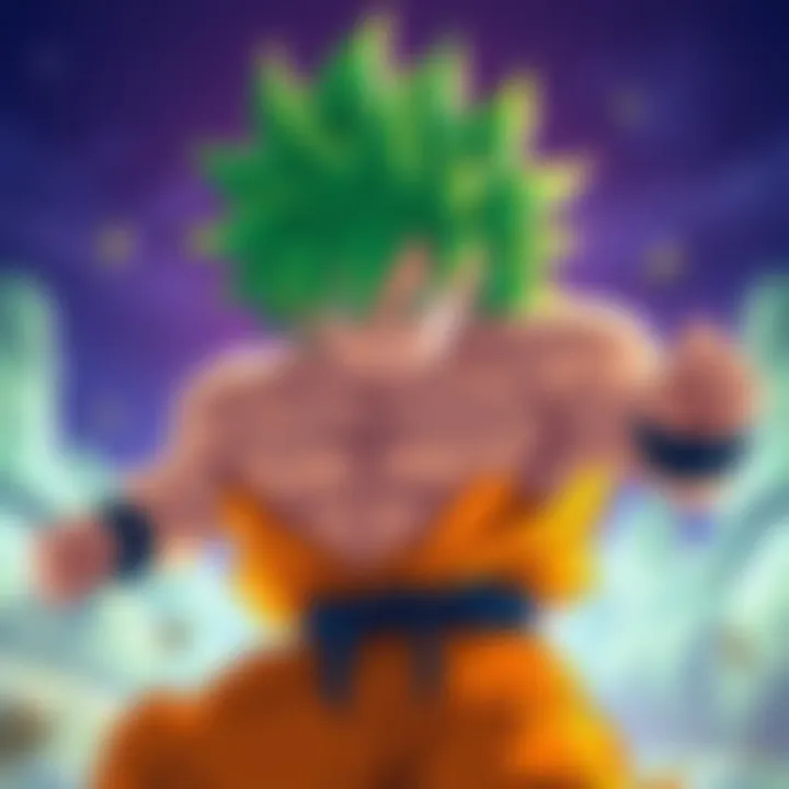 A striking illustration of Broly, featuring his iconic green hair and muscular build in a powerful pose.