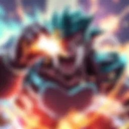 Broly unleashing a powerful mouth blast, showcasing his intense energy and strength, surrounded by a dynamic energy aura.