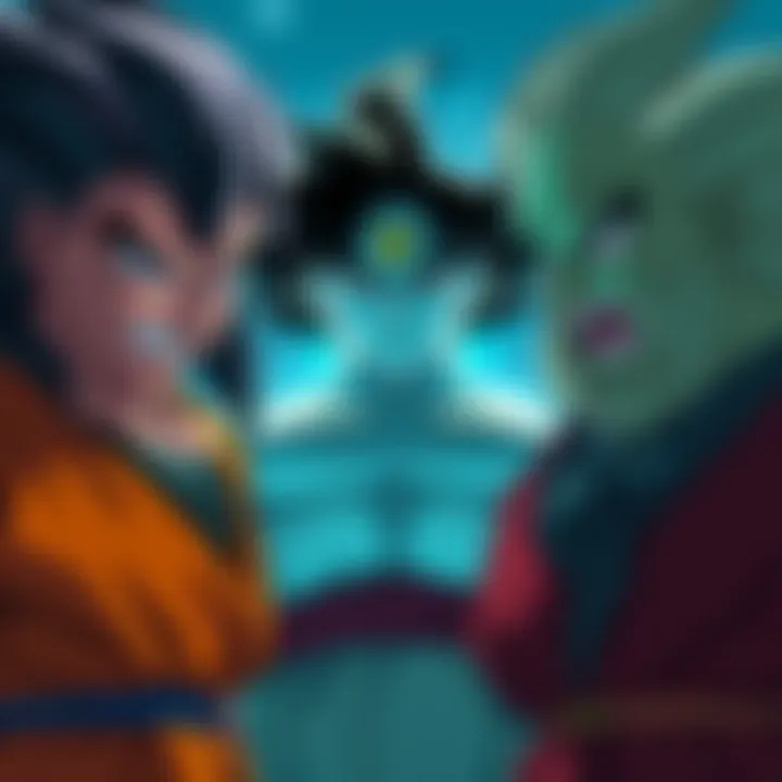 Broly stands between his two fathers, Super Paragus and another figure, showcasing their contrasting expressions and attitudes toward him.