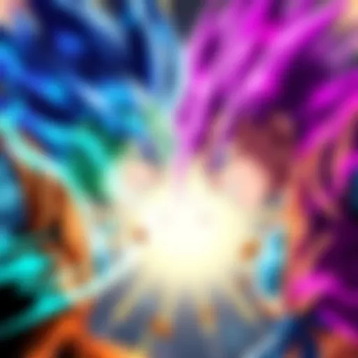 Broly and Gogeta engage in an intense fight, showcasing their powerful energy auras and fierce expressions