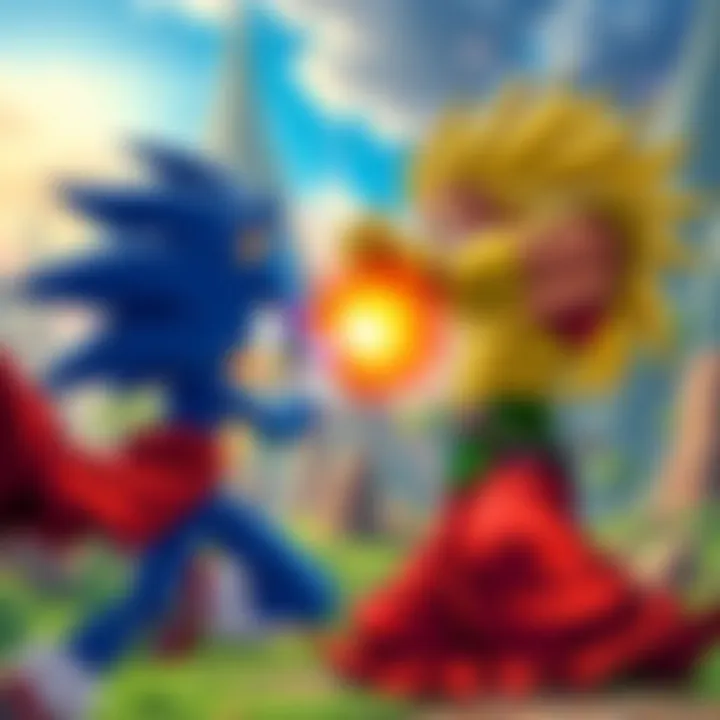 Broly and Gogeta from Dragon Ball Super face off in a colorful world inspired by Sonic Heroes, showcasing their intense battle moves.