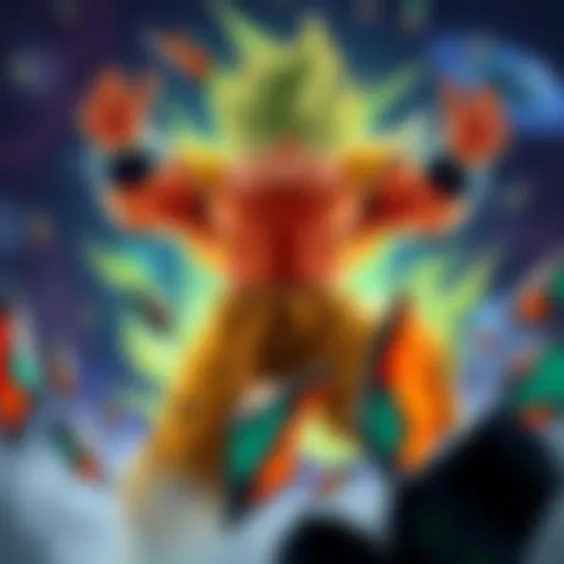 Broly showcasing his impressive height and muscular build in a dynamic fighting pose during a transformation