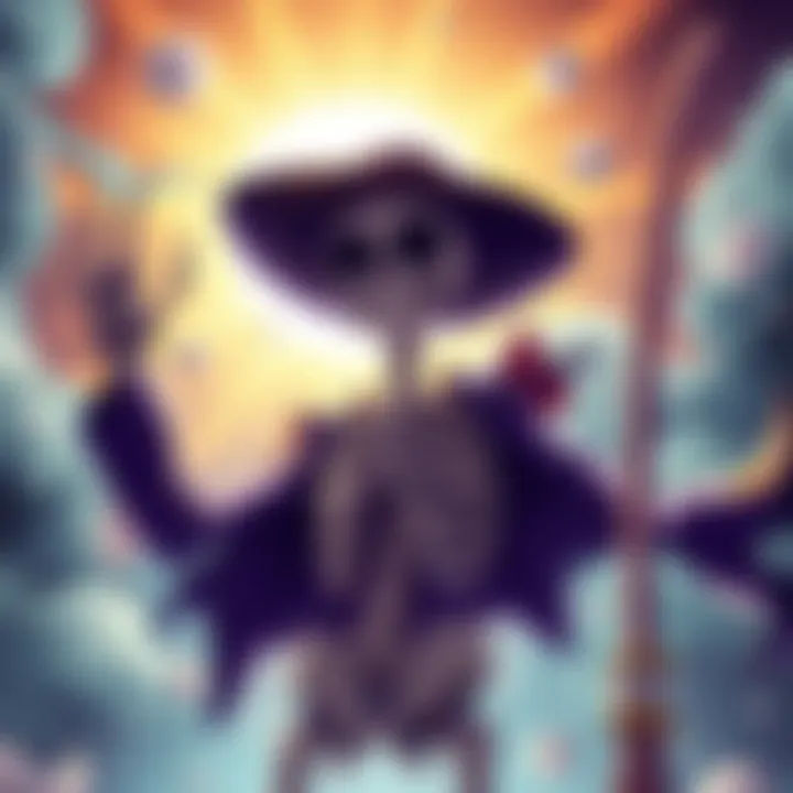Brook, a skeleton character, stands heroically with a bright background, hinting at his connection to the Gomu Gomu no Mi and Joy Boy.