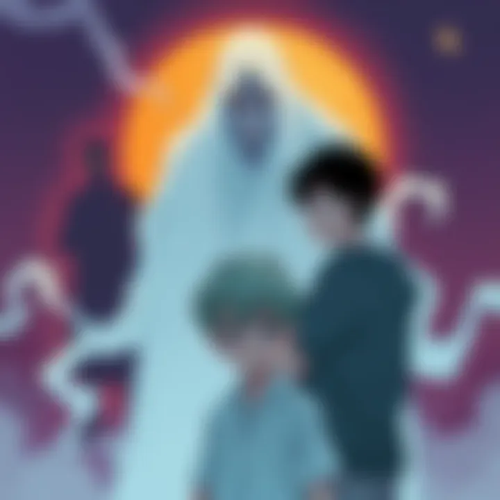 A protective ghost of an older brother watches over his younger sibling, who seems confused and scared, in front of a silhouette of a childhood friend with a menacing expression.