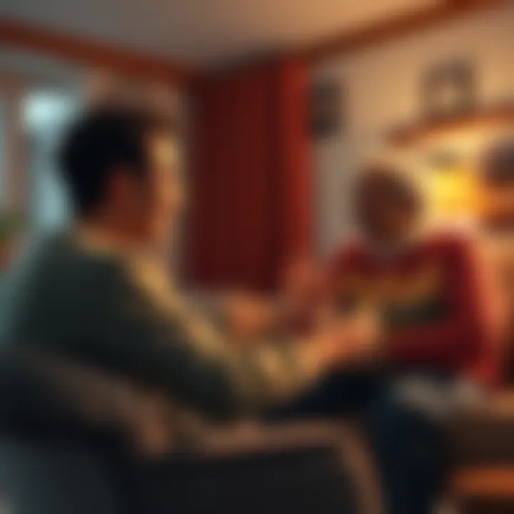Brother arguing with parents A young man passionately discussing with his parents in a living room, showing family tension and emotion.