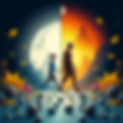 Illustration comparing two pathways in evolution: one showing the brothers of adaptation and the other representing the embodiment of adaptation with natural elements in the background.