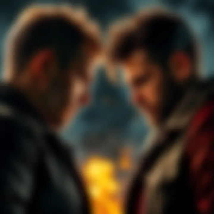 Two brothers face off in an intense showdown with tense expressions and a dramatic atmosphere