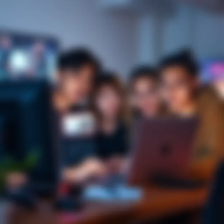 A group of friends looking surprised while browsing yuta content on a laptop, showing unexpected pop-ups on the screen.