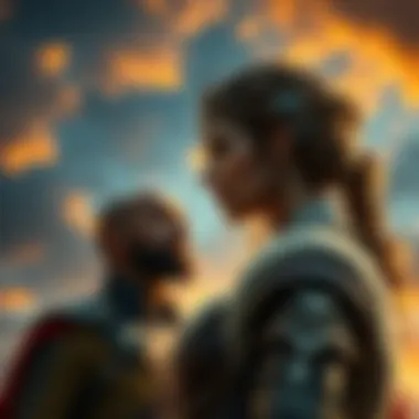 Brunhilde looking at Loki with warmth in her eyes, symbolizing care and understanding, as they stand against a backdrop of a dramatic sky.
