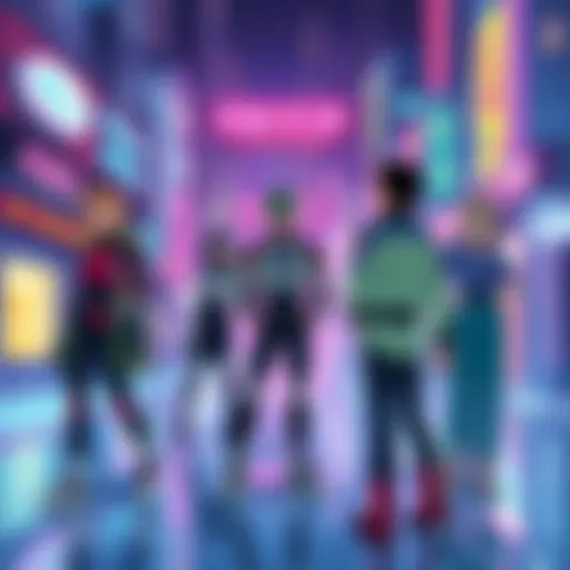 A vibrant scene from Bubblegum Crisis showcasing the cyberpunk city with characters in futuristic outfits