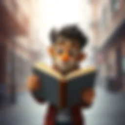 Buddy appearing curious while holding an open data book, contemplating where his story ideas come from.