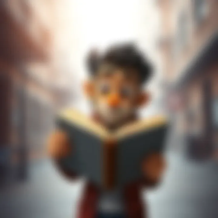 Buddy appearing curious while holding an open data book, contemplating where his story ideas come from.