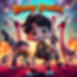 Animation concept for Buddy Stories A colorful illustration showing characters from Buddy Stories in a dynamic animated style, with vibrant backgrounds and action poses.