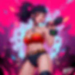 A strong female character with a powerful stance, showcasing vibrant colors and dynamic pose, representing the artwork by @chainsawmayu.