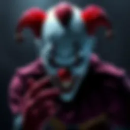 Buggy the Clown striking a dramatic pose with a sinister grin, symbolizing his rise as a potential final villain, overshadowing Akainu. He is surrounded by shadows and a dark background, creating a te...