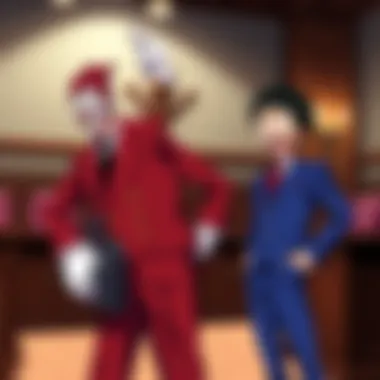 Buggy the Clown standing confidently in a courtroom setting, wearing a lawyer's suit with a mischievous grin, holding a briefcase, while Luffy looks on with excitement.