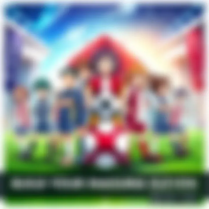 A group of diverse soccer characters representing different teams from Inazuma Eleven, gathered together with a soccer ball, showcasing teamwork and creativity.