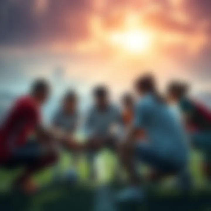 A diverse group of athletes strategizing together on a field, focusing on teamwork and player synergy.