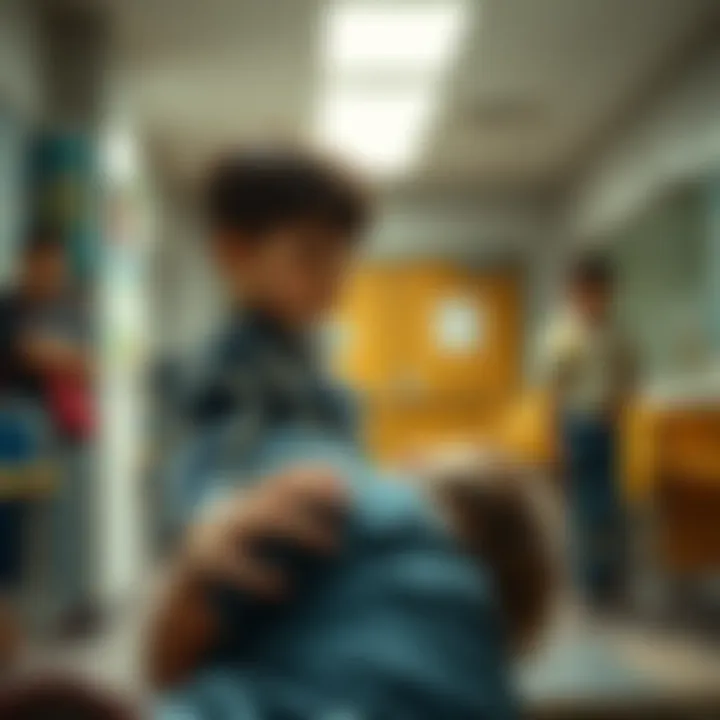 A boy stands over another child in a school setting, showing a bullying scenario as a classmate watches in the background.