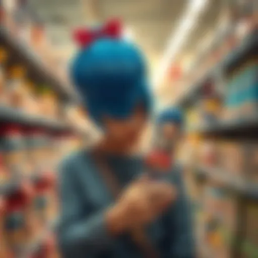 A fan holding a Bulma action figure in a store, looking disappointed while searching for the collectible