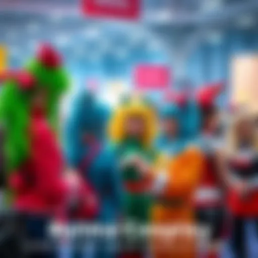 A vibrant group of people in colorful Bulma costumes, engaging and sharing ideas at a cosplay event.