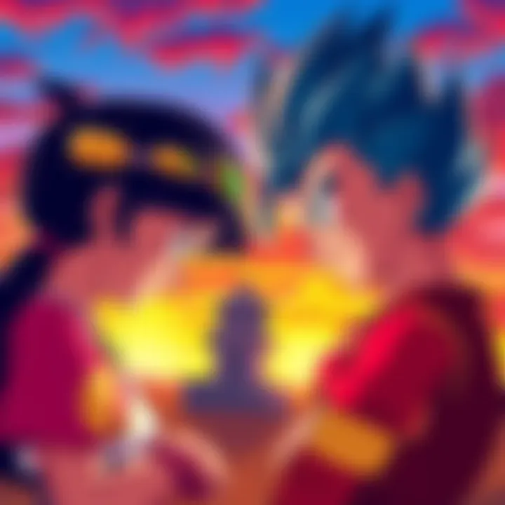 Bulma and Vegeta share a moment, smiling at each other with a background of a colorful sunset.