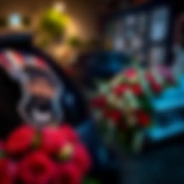 Bumper Sticker and Funeral Flowers A colorful bumper sticker on a car contrasted with a somber funeral scene featuring flowers and a casket.