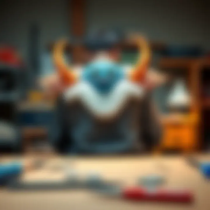 A person crafting a shoulderpad for Bundus using EVA foam, with tools and materials on a table.