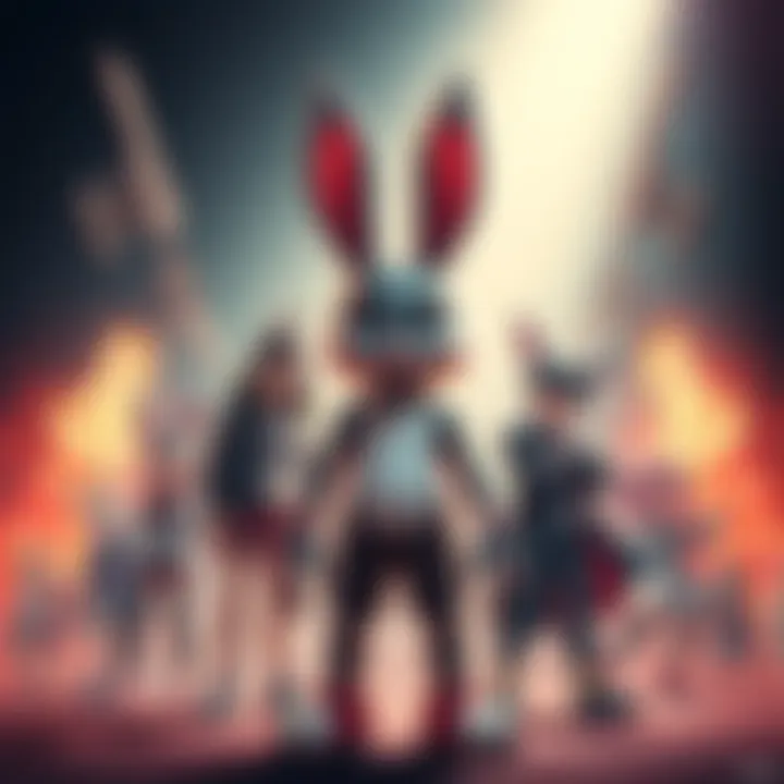 Bunny in NG11 Official Art Bunny stands prominently in the center, facing forward with various characters around exhibiting different poses and interactions, hinting at complex relationships.