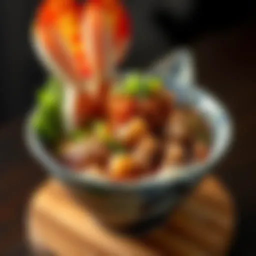 A bowl of Bunny Oyakadon featuring rice, tender meat, and vegetables in a savory broth, garnished with green onions.