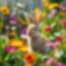 A cute bunny sitting in a colorful garden surrounded by flowers and greenery.