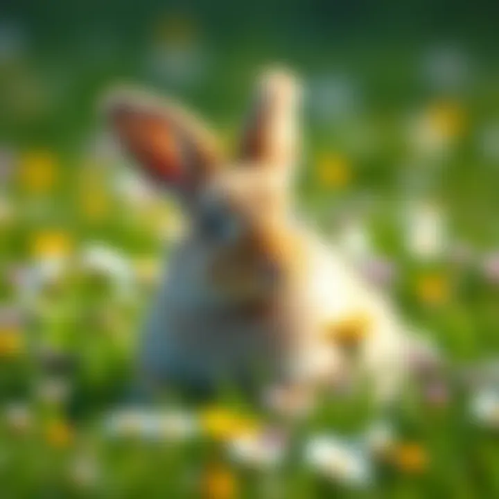 Bunny in a Meadow A fluffy bunny sitting in a green meadow surrounded by flowers, representing animal behavior and social dynamics.