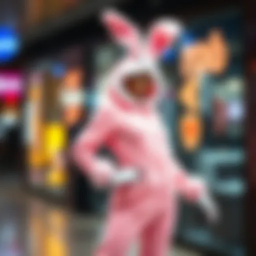 A model wearing a stylish pink bunny suit poses confidently, showcasing the latest trend in fashion culture.