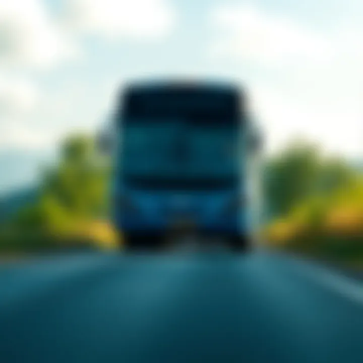 A bus driving down a scenic road surrounded by green trees and blue skies, symbolizing a journey of emotions and choices.