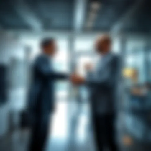 Two business people shaking hands, symbolizing a mutually beneficial agreement in a modern office setting