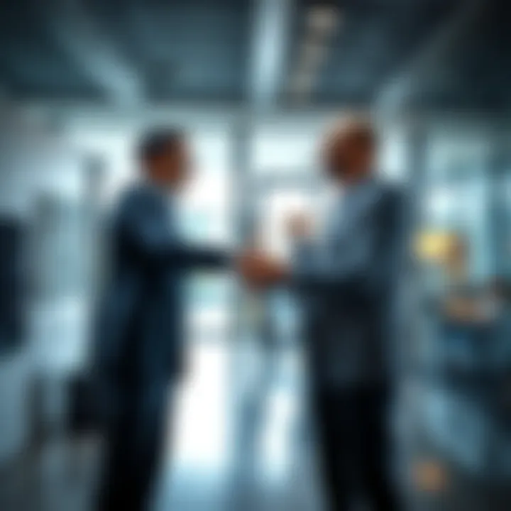 Two business people shaking hands, symbolizing a mutually beneficial agreement in a modern office setting