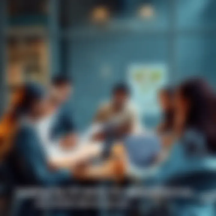 A group of diverse professionals collaborating around a table with documents and laptops, sharing advice and brainstorming ideas for success.