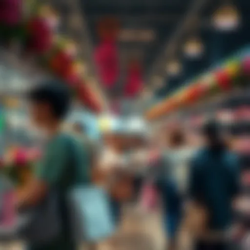 A bustling retail store filled with shoppers carrying flowers and gifts for Mother's Day.