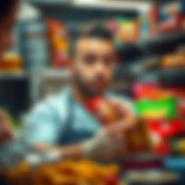 A man surrounded by various snack items, looking busy as he prepares food in a kitchen setting.
