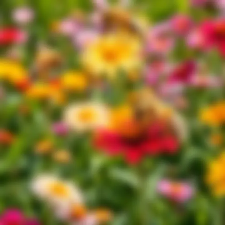 A group of bees flying around colorful flowers in a sunny garden