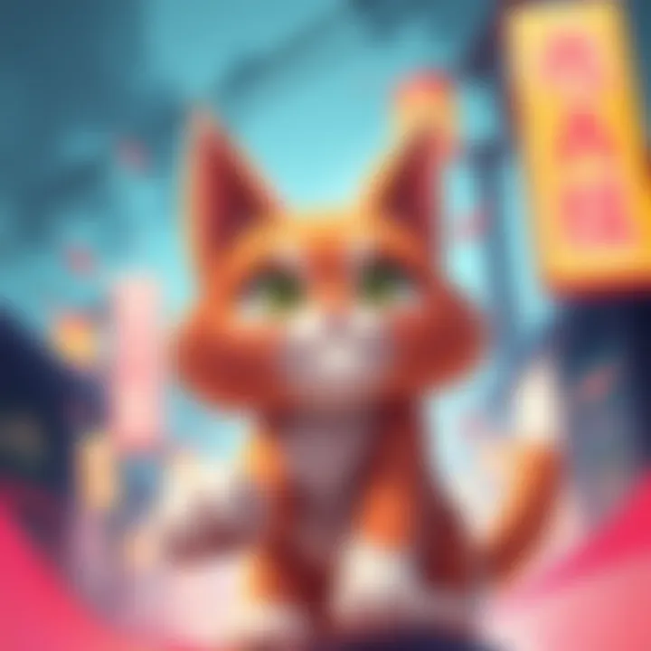 A vibrant illustration of BYAKKO, a striking cat character with bright fur and captivating eyes, positioned in a heroic pose, showcasing its popularity among fans.