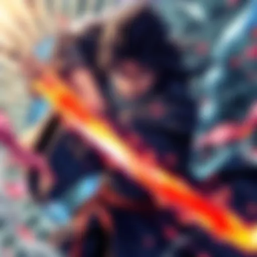 Byakuya wielding his sword in a fierce battle, showcasing the power of his Bankai ability with energy effects around him.