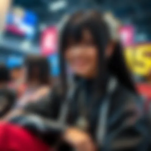 A woman in a Byakuya cosplay, showcasing creativity in costume design, smiling with confidence, seated among fellow cosplayers at a convention.
