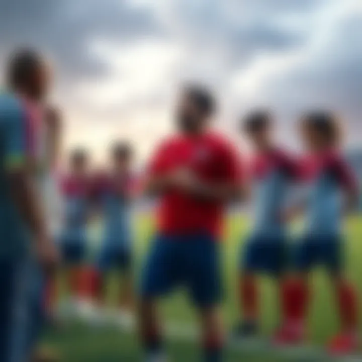 Byron Love standing with the Raimon soccer team, discussing strategies on the field during practice.