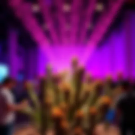 A vibrant cactus installation emitting sounds with reverb effects, surrounded by curious onlookers.
