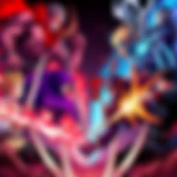 An intense battle scene featuring Calamity Grades from Jujutsu Kaisen facing off against The Four Horsemen from Chainsaw Man, showcasing vibrant fanart with dynamic poses.